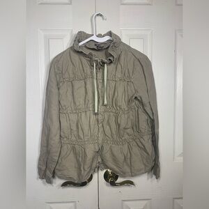 Women's Small 100% Linen Khaki/grey Zip Up Ruffle jacket unique‎